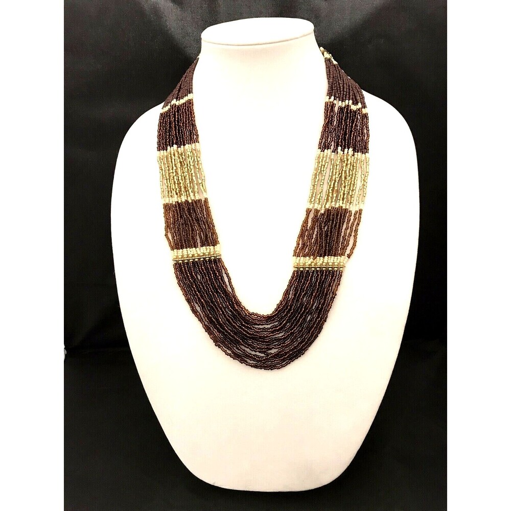 New Multi Strand Seed Bead Necklace Brown Gold Cream Tones - 3M